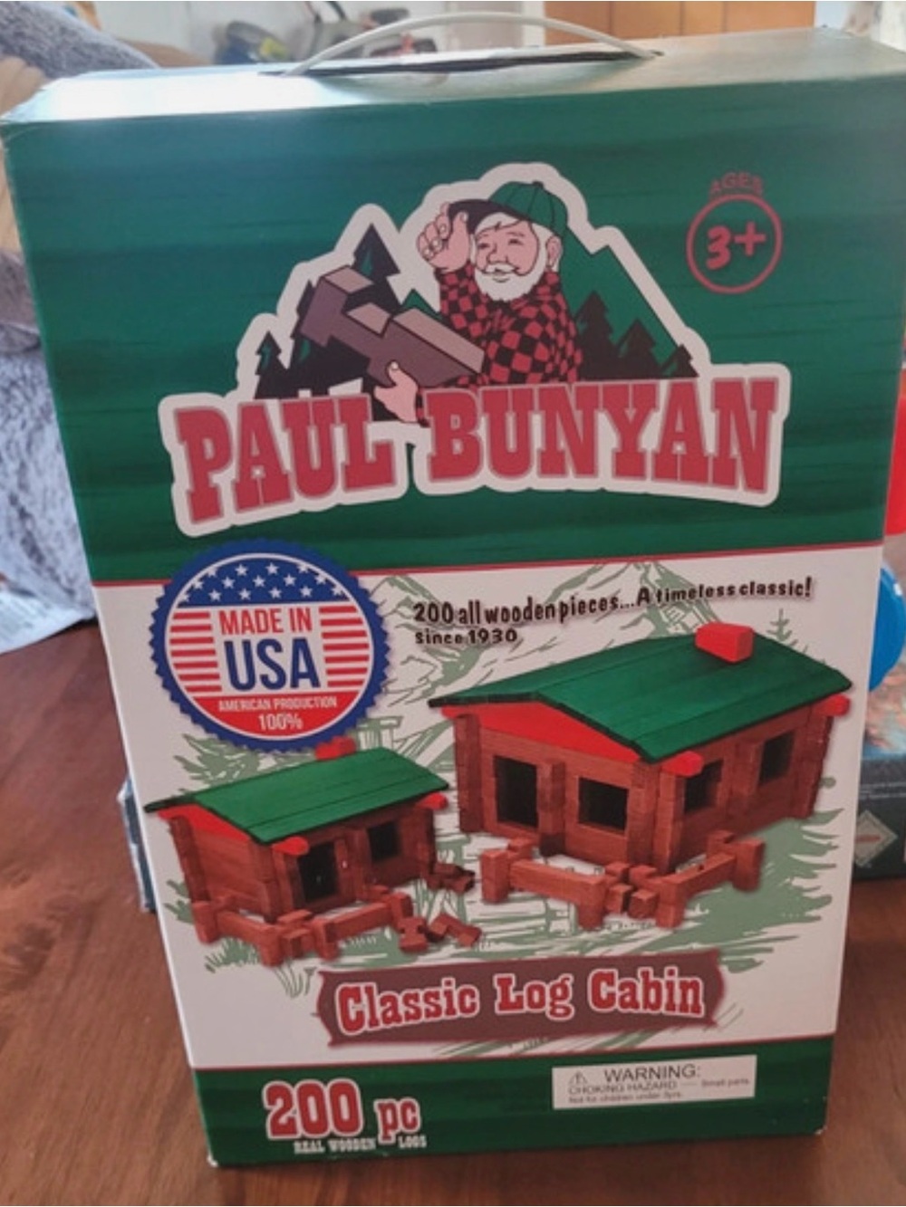 Vintage Paul Bunyan Clasaic Log Cabin Kids Toy - Green Roof